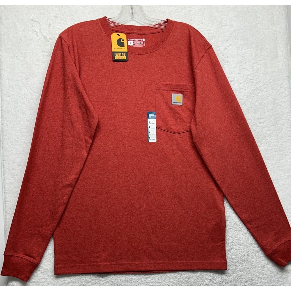 Carhartt Mens Size S Red Long Sleeve Snowflake Graphic Logo Heavyweight T Shirt